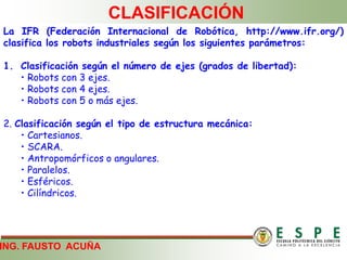 ING. FAUSTO ACUÑA
CLASIFICACIÓN
La IFR (Federación Internacional de Robótica, http://www.ifr.org/)
clasifica los robots industriales según los siguientes parámetros:
1. Clasificación según el número de ejes (grados de libertad):
• Robots con 3 ejes.
• Robots con 4 ejes.
• Robots con 5 o más ejes.
2. Clasificación según el tipo de estructura mecánica:
• Cartesianos.
• SCARA.
• Antropomórficos o angulares.
• Paralelos.
• Esféricos.
• Cilíndricos.
 