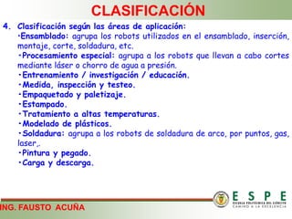 ING. FAUSTO ACUÑA
CLASIFICACIÓN
4. Clasificación según las áreas de aplicación:
•Ensamblado: agrupa los robots utilizados en el ensamblado, inserción,
montaje, corte, soldadura, etc.
•Procesamiento especial: agrupa a los robots que llevan a cabo cortes
mediante láser o chorro de agua a presión.
•Entrenamiento / investigación / educación.
•Medida, inspección y testeo.
•Empaquetado y paletizaje.
•Estampado.
•Tratamiento a altas temperaturas.
•Modelado de plásticos.
•Soldadura: agrupa a los robots de soldadura de arco, por puntos, gas,
laser,.
•Pintura y pegado.
•Carga y descarga.
 