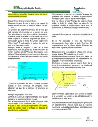 Integración Modular Genérica
evitar colisiones y posibles desperfectos en las piezas,
las herramientas o el robot.
Ejecutar líneas de programa individuales
Asegúrese primero de que el selector de modos de
servicio se encuentra en la posición “servicio de test”
(T1 o T2).
La ejecución del programa comienza en la línea que
está marcada a la izquierda con el puntero de paso.
Para seleccionar un paso determinado en el programa,
mueva el cursor de edición con las teclas del cursor
hasta situarlo en la línea de programa que desee. A
continuación, pulse la tecla de función programable
“Selec. línea”. A continuación, el puntero de paso se
sitúa en la línea seleccionada.
Arranque ahora el programa a partir de la línea
seleccionada. Para ello, pulse una de los pulsadores de
hombre muerto y la tecla “Arranque del programa hacia
adelante”. Durante la ejecución del programa, el puntero
de programa se sitúa en la línea que se está ejecutando
en ese momento.

Temas Básicos
Si un programa es ejecutado con la tecla “Arranque del
programa hacia adelante”, el puntero de paso amarillo
muestra el último paso de movimiento realizado.
Una vez pulsada la tecla “Arranque del programa hacia
atrás”, la tecla de estado “Modo de ejecución de
programa” cambia al desplazamiento hacia atrás. A
continuación, el puntero de paso (que ahora es rojo)
muestra el último paso de movimiento ejecutado hacia
atrás.
Si se ha alcanzado el paso de movimiento
correspondiente, debe soltar la tecla “Arranque del
programa hacia atrás” y volver a pulsarla. Al hacerlo, se
ejecutará el siguiente paso de movimiento.
El desplazamiento hacia adelante o hacia atrás sólo es
posible si existe COI (coincidencia de paso).
Al efectuarse el desplazamiento hacia atrás, todos los
puntos programados se ejecutan con parada exacta. No
es posible un posicionamiento aproximado.
Si el robot se mueve en sentido inverso dentro de la
zona de posicionamiento aproximado, se desplazará
hasta el punto de parada exacta de dicha zona.

Durante el movimiento del robot, se debe mantener
pulsada la tecla “Arranque del programa hacia
adelante”, ya que de lo contrario el programa se
interrumpe.
Arranque del programa hacia atrás
Con la tecla “Arranque del programa hacia atrás” puede
ejecutarse un programa en orden inverso.
Para el desplazamiento hacia atrás solamente están
disponibles los modos de servicio “Test (T1/T2)”.
Al pulsar la tecla “Arranque del programa hacia atrás”,
todas las salidas, Flags y Cycflags son tratados de
acuerdo con la configuración.

Los movimientos superpuestos, tales como la oscilación
o la corrección por sensor, no son compatibles con el
desplazamiento hacia atrás.
Una pérdida de la coincidencia de paso (por ejemplo por
un desplazamiento manual) hace que el siguiente
movimiento hacia atrás sea efectuado automáticamente
como desplazamiento COI.

36
Robótica

 