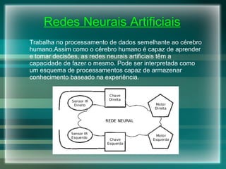 Redes Neurais Artificiais Trabalha no processamento de dados semelhante ao cérebro humano.Assim como o cérebro humano é capaz de aprender e tomar decisões, as redes neurais artificiais têm a capacidade de fazer o mesmo. Pode ser interpretada como um esquema de processamentos capaz de armazenar conhecimento baseado na experiência.   