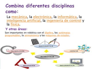 La mecánica, la electrónica, la informática, la
inteligencia artificial, la ingeniería de control y
la física.
Y otras áreas:
Son importantes en robótica son el álgebra, los autómatas
programables, la animatrónica y las máquinas de estados.
 