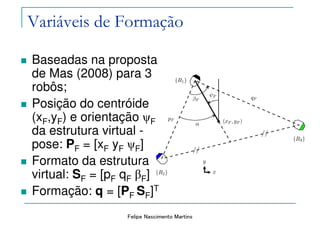 Felipe Nascimento Martins
Variáveis de Formação
Baseadas na proposta
de Mas (2008) para 3
robôs;
Posição do centróide
(xF,yF) e orientação ψF
da estrutura virtual -
pose: PF = [xF yF ψF]
Formato da estrutura
virtual: SF = [pF qF βF]
Formação: q = [PF SF]T
 