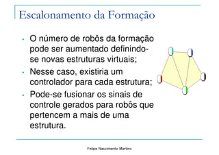 Felipe Nascimento Martins
Escalonamento da Formação
• O número de robôs da formação
pode ser aumentado definindo-
se novas estruturas virtuais;
• Nesse caso, existiria um
controlador para cada estrutura;
• Pode-se fusionar os sinais de
controle gerados para robôs que
pertencem a mais de uma
estrutura.
 