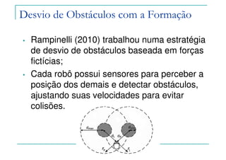 Felipe Nascimento Martins
Desvio de Obstáculos com a Formação
• Rampinelli (2010) trabalhou numa estratégia
de desvio de obstáculos baseada em forças
fictícias;
• Cada robô possui sensores para perceber a
posição dos demais e detectar obstáculos,
ajustando suas velocidades para evitar
colisões.
 