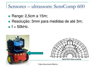 Felipe Nascimento Martins
Range: 2,5cm a 15m;
Resolução: 3mm para medidas de até 3m;
f = 50kHz.
Sensores – ultrassom: SensComp 600
 
