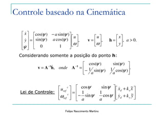 Felipe Nascimento Martins






+
+








−
=








yky
xkx
aa
u
yd
xd
c
ref
c
ref
~
~
cos
1
sin
1
sincos
&
&
ψψ
ψψ
ω
,
1
)cos(
0
)sin(
)sin()cos(













 −
=










ω
ψψ
ψψ
ψ
u
a
a
y
x
&
&
&
,





=
ω
u
v ,





=
y
x
h .0>a
.
)cos(1)sin(1
)sin()cos(
,








−
== −−
ψψ
ψψ
aa
onde 11
AhAv &
Considerando somente a posição do ponto h:
Controle baseado na Cinemática
Lei de Controle:Lei de Controle:
 