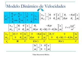 Felipe Nascimento Martins











 −
+











=





ωθωθ
ωθθ
ωθ
θ
ω
uuu
ref
ref
65
34
2
1
0
0
&
&


















+












−−
−
=





ref
refu
u
u
u
ω
θ
θ
ω
θ
θ
ω
θ
θ
θ
θ
ω
θ
θ
ω
2
1
2
6
2
5
1
42
1
3
1
0
0
1
&
&
( ) 2
2
3563
34
2
1
1,
/0
0
m
rad
I
u
IuII
uu
ref
ref
=











−+
−
+











=





ωθθθωθ
ωθθ
ωθ
θ
ω &
&
{ {
( ) {
''
/0
0/
''
0
0
'
0
0/
356
4
3
3
2
1
v)F(vv)C(vvHvr












−+
+










 −
+











=





ωθθθ
θ
ωωθ
ωθ
ωθ
θ
ω
Iu
IuI
IIuuIIu
ref
ref
4444 34444 2144 344 21
&
&
&
43421321












=





ωω
uIIu
10
0
Modelo Dinâmico de Velocidades
 