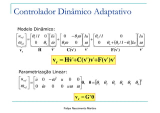 Felipe Nascimento Martins
Modelo Dinâmico:
Controlador Dinâmico Adaptativo
''''' )vF(v)vC(vvHvr ++= &
[ ]T
ref
ref
u
uuu
654321
2
,
000
000
θθθθθθ
ωωω
ω
ω
=




 −
=





θθ
&
&
Parametrização Linear:
θG'vr =
{ {
( ) {
''
/0
0/
''
0
0
'
0
0/
356
4
3
3
2
1
v)F(vv)C(vvHvr












−+
+










 −
+











=





ωθθθ
θ
ωωθ
ωθ
ωθ
θ
ω
Iu
IuI
IIuuIIu
ref
ref
4444 34444 2144 344 21
&
&
&
43421321
 