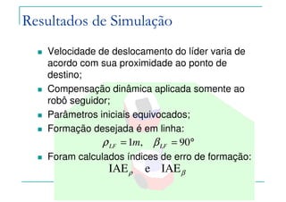 Felipe Nascimento Martins
Velocidade de deslocamento do líder varia de
acordo com sua proximidade ao ponto de
destino;
Compensação dinâmica aplicada somente ao
robô seguidor;
Parâmetros iniciais equivocados;
Formação desejada é em linha:
Foram calculados índices de erro de formação:
°== 90,1 LFLF m βρ
βρ IAEeIAE
Resultados de Simulação
 