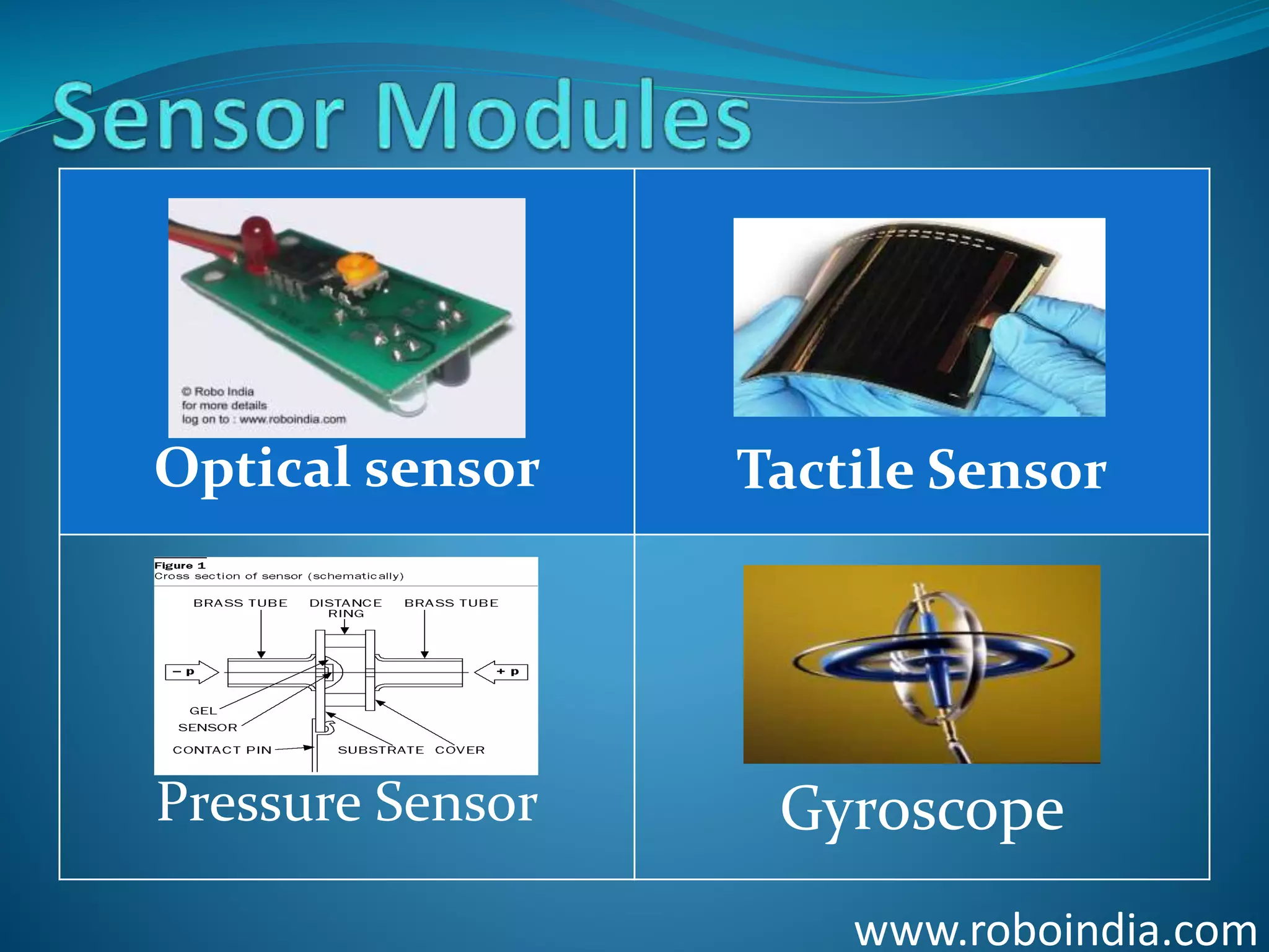 Optical sensor Tactile Sensor
Pressure Sensor Gyroscope
www.roboindia.com
Click here to visit -ROBO INDIA
 
