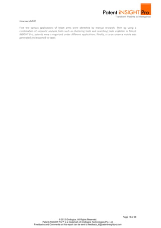 How we did it?

First the various applications of robot arms were identified by manual research. Then by using a
combination of semantic analysis tools such as clustering tools and searching tools available in Patent
iNSIGHT Pro, patents were categorized under different applications. Finally, a co‐occurrence matrix was
generated and exported to excel.




                                                                                                    Page 18 of 36
                                  © 2012 Gridlogics. All Rights Reserved.
                   Patent iNSIGHT Pro™ is a trademark of Gridlogics Technologies Pvt. Ltd.
            Feedbacks and Comments on this report can be sent to feedback_tr@patentinsightpro.com
 
