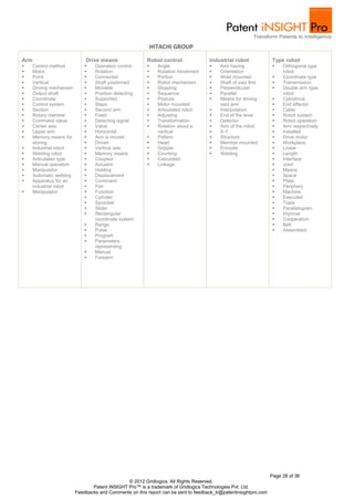 HITACHI GROUP

Arm                           Drive means                Robot control               Industrial robot             Type robot
     Control method             Operation control           Angle                     Arm having                  Orthogonal type
     Motor                      Rotation                    Rotation movement         Orientation                  robot
     Point                      Connected                   Portion                   Wrist mounted               Coordinate type
     Vertical                   Shaft positioned            Robot mechanism           Shaft of said first         Transmission
     Driving mechanism          Movable                     Stopping                  Perpendicular               Double arm type
     Output shaft               Position detecting          Sequence                  Parallel                     robot
     Coordinate                 Supported                   Posture                   Means for driving           Cylindrical
     Control system             Steps                       Motor mounted              said arm                    End effector
     Section                    Second arm                  Articulated robot         Interpolation               Cable
     Rotary member              Fixed                       Adjusting                 End of the lever            Robot system
     Command value              Detecting signal            Transformation            Detector                    Robot operation
     Center axis                Value                       Rotation about a          Arm of the robot            Arm respectively
     Upper arm                  Horizontal                   vertical                  X-Y                         Installed
     Memory means for           Arm is moved                Pattern                   Structure                   Drive motor
      storing                    Driven                      Head                      Member mounted              Workpiece
     Industrial robot           Vertical axis               Gripper                   Encoder                     Linear
     Welding robot              Memory means                Counting                  Welding                     Length
     Articulated type           Coupled                     Calculated                                             Interface
     Manual operation           Actuator                    Linkage                                                Joint
     Manipulator                Holding                                                                             Means
     Automatic welding          Displacement                                                                        Space
     Apparatus for an           Command                                                                             Plate
      industrial robot           Pair                                                                                Periphery
     Manipulator                Function                                                                            Machine
                                 Cylinder                                                                            Executed
                                 Sprocket                                                                            Track
                                 Slider                                                                              Parallelogram
                                 Rectangular                                                                         Improve
                                  coordinate system                                                                   Cooperation
                                 Range                                                                               Belt
                                 Pulse                                                                               Assembled
                                 Program
                                 Parameters
                                  representing
                                 Manual
                                 Forearm




                                                                                                                  Page 28 of 36
                                                © 2012 Gridlogics. All Rights Reserved.
                                 Patent iNSIGHT Pro™ is a trademark of Gridlogics Technologies Pvt. Ltd.
                          Feedbacks and Comments on this report can be sent to feedback_tr@patentinsightpro.com
 