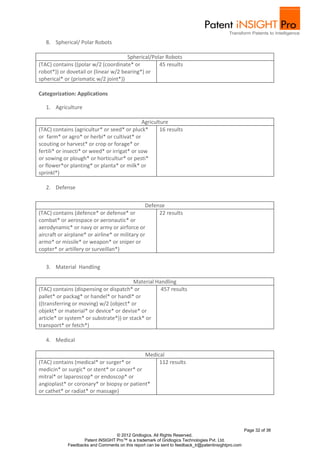 8. Spherical/ Polar Robots

                                      Spherical/Polar Robots
(TAC) contains ((polar w/2 (coordinate* or         45 results
robot*)) or dovetail or (linear w/2 bearing*) or
spherical* or (prismatic w/2 joint*))

Categorization: Applications

   1. Agriculture

                                              Agriculture
(TAC) contains (agricultur* or seed* or pluck*        16 results
or farm* or agro* or herbi* or cultivat* or
scouting or harvest* or crop or forage* or
fertili* or insecti* or weed* or irrigat* or sow
or sowing or plough* or horticultur* or pesti*
or flower*or planting* or planta* or milk* or
sprinkl*)

   2. Defense


                                                Defense
(TAC) contains (defence* or defense* or              22 results
combat* or aerospace or aeronautic* or
aerodynamic* or navy or army or airforce or
aircraft or airplane* or airline* or military or
armo* or missile* or weapon* or sniper or
copter* or artillery or surveillan*)


   3. Material Handling

                                         Material Handling
(TAC) contains (dispensing or dispatch* or          457 results
pallet* or packag* or handel* or handl* or
((transferring or moving) w/2 (object* or
objekt* or material* or device* or devise* or
article* or system* or substrate*)) or stack* or
transport* or fetch*)

   4. Medical

                                                 Medical
(TAC) contains (medical* or surger* or                112 results
medicin* or surgic* or stent* or cancer* or
mitral* or laparoscop* or endoscop* or
angioplast* or coronary* or biopsy or patient*
or cathet* or radiat* or massage)




                                                                                                    Page 32 of 36
                                  © 2012 Gridlogics. All Rights Reserved.
                   Patent iNSIGHT Pro™ is a trademark of Gridlogics Technologies Pvt. Ltd.
            Feedbacks and Comments on this report can be sent to feedback_tr@patentinsightpro.com
 