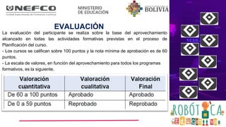 La evaluación del participante se realiza sobre la base del aprovechamiento
alcanzado en todas las actividades formativas previstas en el proceso de
Planificación del curso.
- Los cursos se califican sobre 100 puntos y la nota mínima de aprobación es de 60
puntos.
- La escala de valores, en función del aprovechamiento para todos los programas
formativos, es la siguiente.
EVALUACIÓN
 