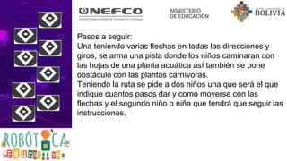 Pasos a seguir:
Una teniendo varias flechas en todas las direcciones y
giros, se arma una pista donde los niños caminaran con
las hojas de una planta acuática así también se pone
obstáculo con las plantas carnívoras.
Teniendo la ruta se pide a dos niños una que será el que
indique cuantos pasos dar y como moverse con las
flechas y el segundo niño o niña que tendrá que seguir las
instrucciones.
 