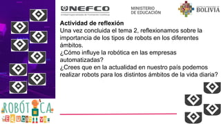 Actividad de reflexión
Una vez concluida el tema 2, reflexionamos sobre la
importancia de los tipos de robots en los diferentes
ámbitos.
¿Cómo influye la robótica en las empresas
automatizadas?
¿Crees que en la actualidad en nuestro país podemos
realizar robots para los distintos ámbitos de la vida diaria?
 