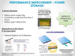PERFORMANCE IMPROVEMENT – POWER
STORAGE
Current situation:

• Battery pack weighs 3kg.
• Continuous usage lasts less than 3
hours.
• Battery type: Lithium-Ion

Alternatives in the future
(7-10 years later)
•

IMPROVE
OPERATING
TIME

Li-S Prototype

Lithium-Sulphur (Li-S) Batteries

http://www.wfs.org/blogs/len-rosen/energy-update-lithiumsulfur-batteries-waste

http://www.barnardmicrosystems.com/L4E_batteries.htm

 