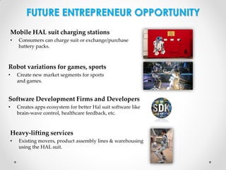 FUTURE ENTREPRENEUR OPPORTUNITY
Mobile HAL suit charging stations
•

Consumers can charge suit or exchange/purchase
battery packs.

Robot variations for games, sports
•

Create new market segments for sports
and games.

Software Development Firms and Developers
•

Creates apps ecosystem for better Hal suit software like
brain-wave control, healthcare feedback, etc.

Heavy-lifting services
•

Existing movers, product assembly lines & warehousing
using the HAL suit.

 