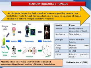 SENSORY ROBOTICS E-TONGUE
.
identify E nose
function Identify chemical
composition of liquids
Application Wine industry
principle 100s of microchip
Sensors.
Colour
change
Depends upon
chemicals
cost 20 USD
PROS Effective qualitative
results
An electronic tongue is a device made of sensors responding to some taste
(soluble) of foods through the transduction of a signal or a pattern of signals
thanks to a pattern-recognition software system.
Quantify bitterness or “spicy level” of drinks or dissolved
compounds, Quantify taste masking efficiency of formulations
Shibhata A et al.(2018)
 