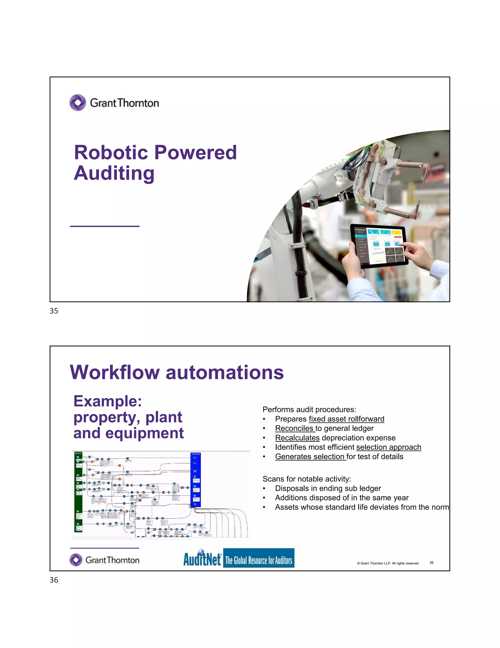 Robotic Powered
Auditing
© Grant Thornton LLP. All rights reserved.
Workflow automations
36
Example:
property, plant
and equipment
Performs audit procedures:
• Prepares fixed asset rollforward
• Reconciles to general ledger
• Recalculates depreciation expense
• Identifies most efficient selection approach
• Generates selection for test of details
Scans for notable activity:
• Disposals in ending sub ledger
• Additions disposed of in the same year
• Assets whose standard life deviates from the norm
35
36
 