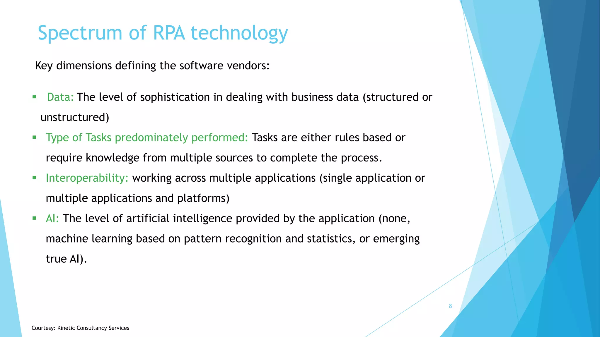 Spectrum of RPA technology
8
Key dimensions defining the software vendors:
 Data: The level of sophistication in dealing with business data (structured or
unstructured)
 Type of Tasks predominately performed: Tasks are either rules based or
require knowledge from multiple sources to complete the process.
 Interoperability: working across multiple applications (single application or
multiple applications and platforms)
 AI: The level of artificial intelligence provided by the application (none,
machine learning based on pattern recognition and statistics, or emerging
true AI).
Courtesy: Kinetic Consultancy Services
 