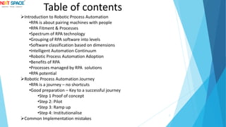 2
Introduction to Robotic Process Automation
•RPA is about pairing machines with people
•RPA Fitment & Processes
•Spectrum of RPA technology
•Grouping of RPA software into levels
•Software classification based on dimensions
•Intelligent Automation Continuum
•Robotic Process Automation Adoption
•Benefits of RPA
•Processes managed by RPA solutions
•RPA potential
Robotic Process Automation Journey
•RPA is a journey – no shortcuts
•Good preparation – Key to a successful journey
•Step 1 Proof of concept
•Step 2: Pilot
•Step 3: Ramp up
•Step 4: Institutionalise
Common Implementation mistakes
Table of contents
 