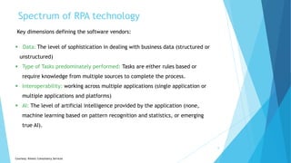 Spectrum of RPA technology
8
Key dimensions defining the software vendors:
 Data: The level of sophistication in dealing with business data (structured or
unstructured)
 Type of Tasks predominately performed: Tasks are either rules based or
require knowledge from multiple sources to complete the process.
 Interoperability: working across multiple applications (single application or
multiple applications and platforms)
 AI: The level of artificial intelligence provided by the application (none,
machine learning based on pattern recognition and statistics, or emerging
true AI).
Courtesy: Kinetic Consultancy Services
 