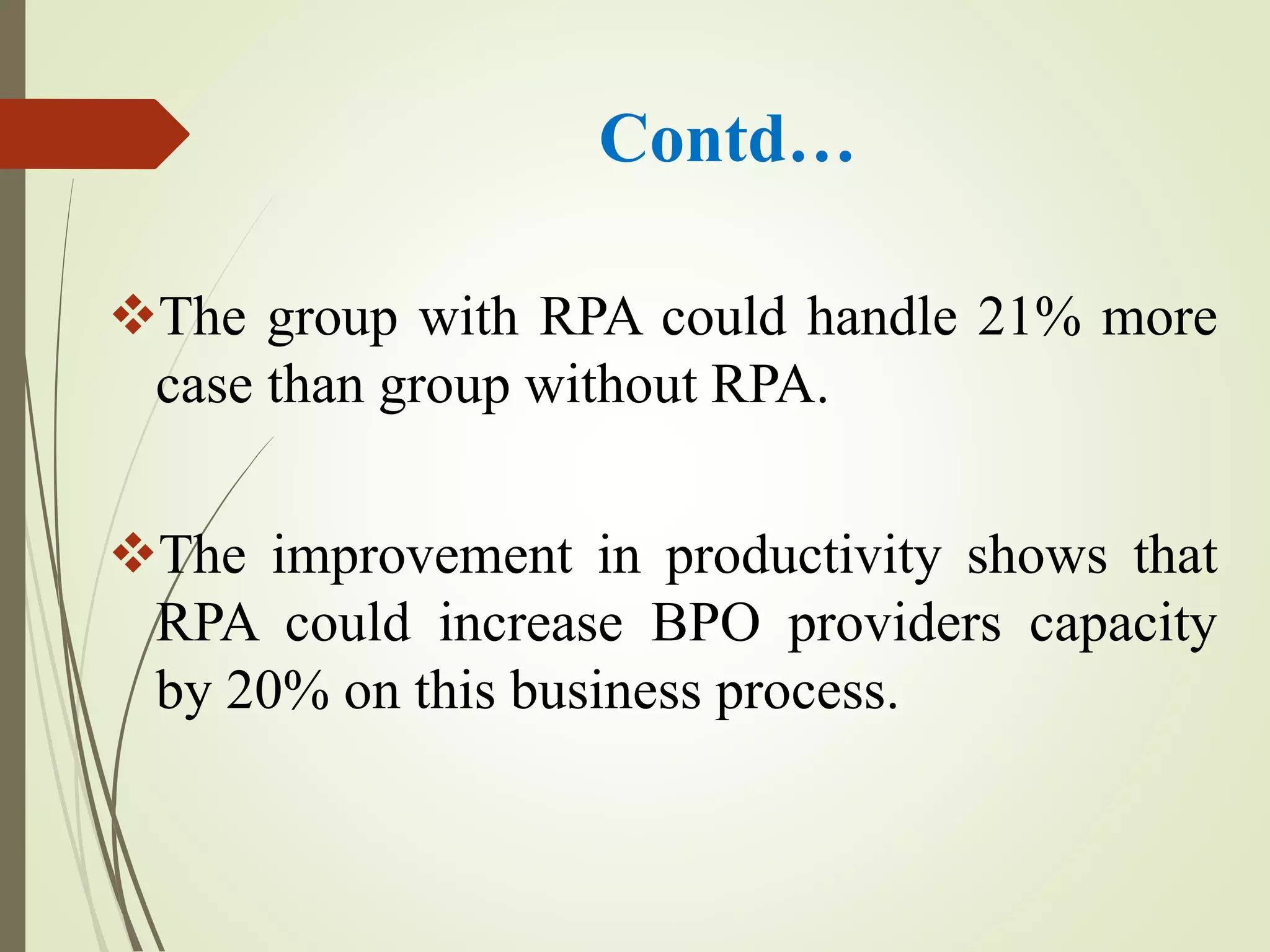 Contd…
The group with RPA could handle 21% more
case than group without RPA.
The improvement in productivity shows that
RPA could increase BPO providers capacity
by 20% on this business process.
 
