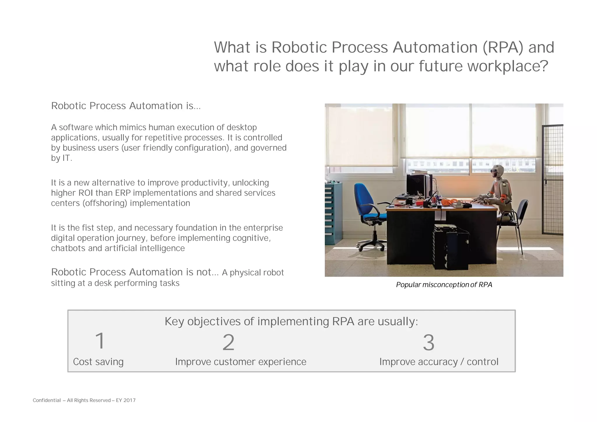 Confidential — All Rights Reserved — EY 2017
What is Robotic Process Automation (RPA) and
what role does it play in our future workplace?
Robotic Process Automation is…
A software which mimics human execution of desktop
applications, usually for repetitive processes. It is controlled
by business users (user friendly configuration), and governed
by IT.
It is a new alternative to improve productivity, unlocking
higher ROI than ERP implementations and shared services
centers (offshoring) implementation
It is the fist step, and necessary foundation in the enterprise
digital operation journey, before implementing cognitive,
chatbots and artificial intelligence
Robotic Process Automation is not… A physical robot
sitting at a desk performing tasks Popular misconception of RPA
Key objectives of implementing RPA are usually:
Cost saving Improve customer experience Improve accuracy / control
1 32
 