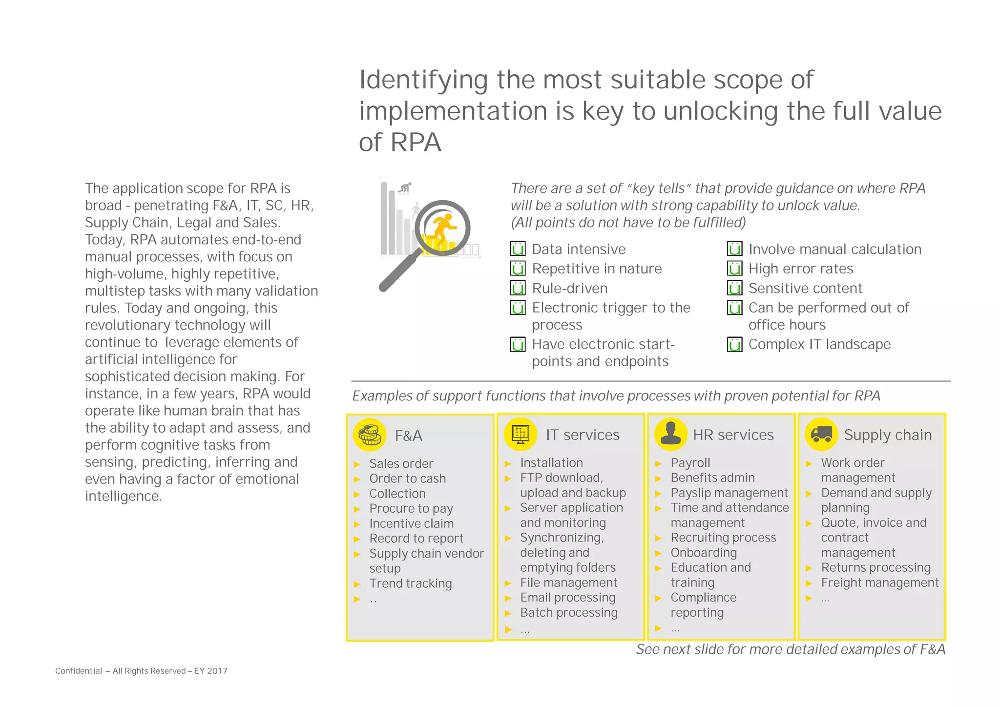 Confidential — All Rights Reserved — EY 2017
Identifying the most suitable scope of
implementation is key to unlocking the full value
of RPA
The application scope for RPA is
broad - penetrating F&A, IT, SC, HR,
Supply Chain, Legal and Sales.
Today, RPA automates end-to-end
manual processes, with focus on
high-volume, highly repetitive,
multistep tasks with many validation
rules. Today and ongoing, this
revolutionary technology will
continue to leverage elements of
artificial intelligence for
sophisticated decision making. For
instance, in a few years, RPA would
operate like human brain that has
the ability to adapt and assess, and
perform cognitive tasks from
sensing, predicting, inferring and
even having a factor of emotional
intelligence.
There are a set of “key tells” that provide guidance on where RPA
will be a solution with strong capability to unlock value.
(All points do not have to be fulfilled)
• Data intensive
• Repetitive in nature
• Rule-driven
• Electronic trigger to the
process
• Have electronic start-
points and endpoints
• Involve manual calculation
• High error rates
• Sensitive content
• Can be performed out of
office hours
• Complex IT landscape
Examples of support functions that involve processes with proven potential for RPA
ü
ü
ü
ü
ü
ü
ü
ü
ü
ü
IT services
► Installation
► FTP download,
upload and backup
► Server application
and monitoring
► Synchronizing,
deleting and
emptying folders
► File management
► Email processing
► Batch processing
► …
HR services
► Payroll
► Benefits admin
► Payslip management
► Time and attendance
management
► Recruiting process
► Onboarding
► Education and
training
► Compliance
reporting
► …
Supply chain
► Work order
management
► Demand and supply
planning
► Quote, invoice and
contract
management
► Returns processing
► Freight management
► …
F&A
► Sales order
► Order to cash
► Collection
► Procure to pay
► Incentive claim
► Record to report
► Supply chain vendor
setup
► Trend tracking
► ..
See next slide for more detailed examples of F&A
 