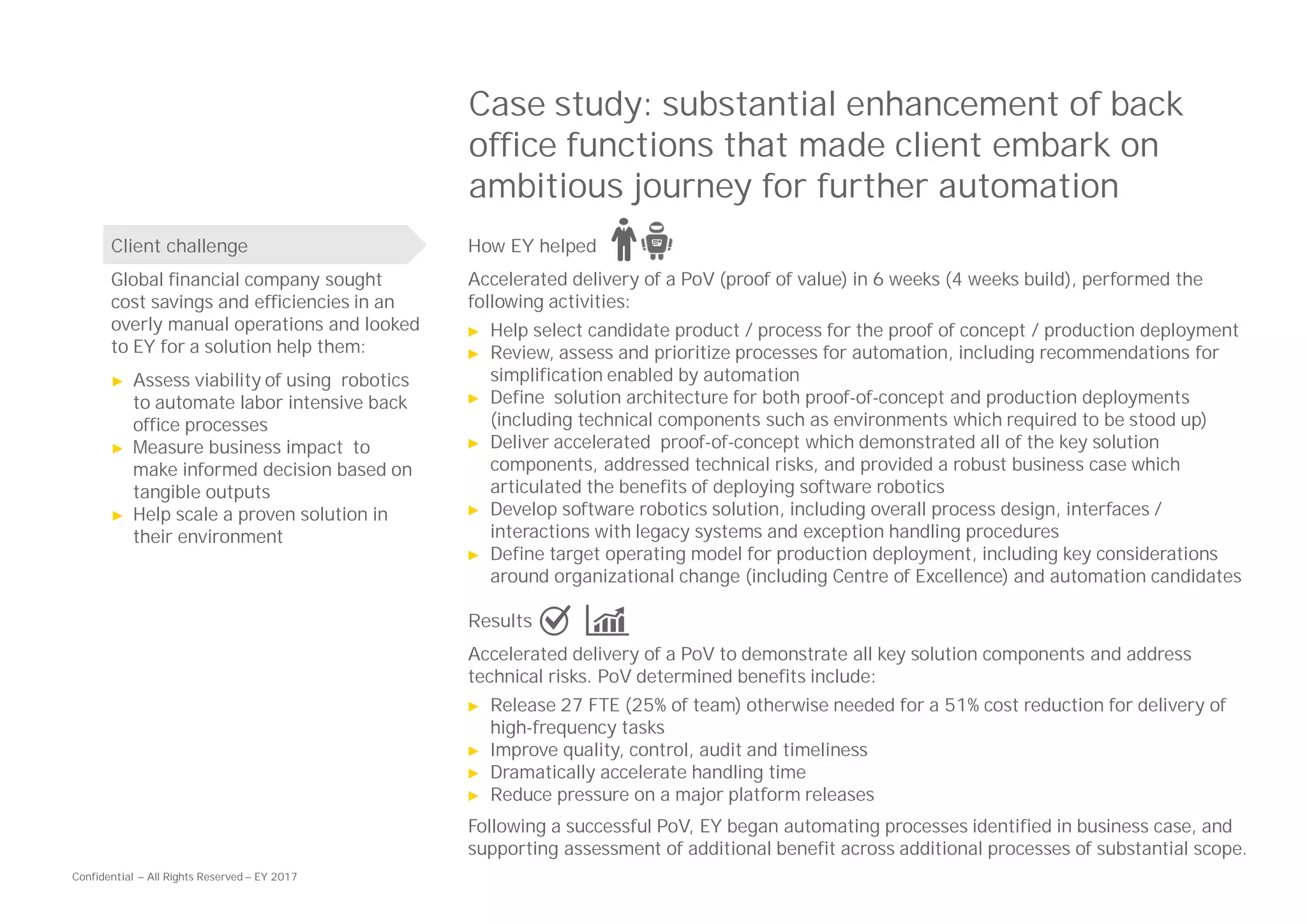 Confidential — All Rights Reserved — EY 2017
Case study: substantial enhancement of back
office functions that made client embark on
ambitious journey for further automation
How EY helped
Accelerated delivery of a PoV (proof of value) in 6 weeks (4 weeks build), performed the
following activities:
► Help select candidate product / process for the proof of concept / production deployment
► Review, assess and prioritize processes for automation, including recommendations for
simplification enabled by automation
► Define solution architecture for both proof-of-concept and production deployments
(including technical components such as environments which required to be stood up)
► Deliver accelerated proof-of-concept which demonstrated all of the key solution
components, addressed technical risks, and provided a robust business case which
articulated the benefits of deploying software robotics
► Develop software robotics solution, including overall process design, interfaces /
interactions with legacy systems and exception handling procedures
► Define target operating model for production deployment, including key considerations
around organizational change (including Centre of Excellence) and automation candidates
Results
Accelerated delivery of a PoV to demonstrate all key solution components and address
technical risks. PoV determined benefits include:
► Release 27 FTE (25% of team) otherwise needed for a 51% cost reduction for delivery of
high-frequency tasks
► Improve quality, control, audit and timeliness
► Dramatically accelerate handling time
► Reduce pressure on a major platform releases
Following a successful PoV, EY began automating processes identified in business case, and
supporting assessment of additional benefit across additional processes of substantial scope.
Client challenge
Global financial company sought
cost savings and efficiencies in an
overly manual operations and looked
to EY for a solution help them:
► Assess viability of using robotics
to automate labor intensive back
office processes
► Measure business impact to
make informed decision based on
tangible outputs
► Help scale a proven solution in
their environment
 