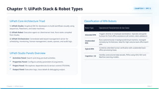 UiPath Core Architecture Triad
1. UiPath Studio: Graphical IDE for developers to build workflows visually using
sequences, flowcharts, and state machines.
2. UiPath Robot: Execution agent on client/server host. Runs tasks compiled
from Studio.
3. UiPath Orchestrator: Centralized web-based management server for
scheduling, monitoring, license management, assets, queues, and audit logs.
UiPath Studio Panels Overview
Classification of RPA Robots
Robot Type Operational Characteristics & Use Cases
Attended RPA
Triggers directly on employee workstation. Operates alongside
humans for front-office assistance (call centers, desk validation).
Unattended
RPA
Runs autonomously in background/virtual machine, managed
remotely by Orchestrator. Ideal for high-volume back-office batch
jobs.
Hybrid RPA
Combines attended human verification with unattended back-
office processing loops.
Cognitive / AI
Handles unstructured data (emails, PDFs) using OCR, NLP, and
Machine Learning models.
Activities Panel: Search and drag pre-built activities.
Properties Panel: Configure activity parameters & arguments.
Project Panel: File explorer, dependencies & version control (TFS/SVN).
Output Panel: Execution logs, trace details & debugging output.
Chapter 1: UiPath Stack & Robot Types
Chapter 1: UiPath Stack Slide 5
 