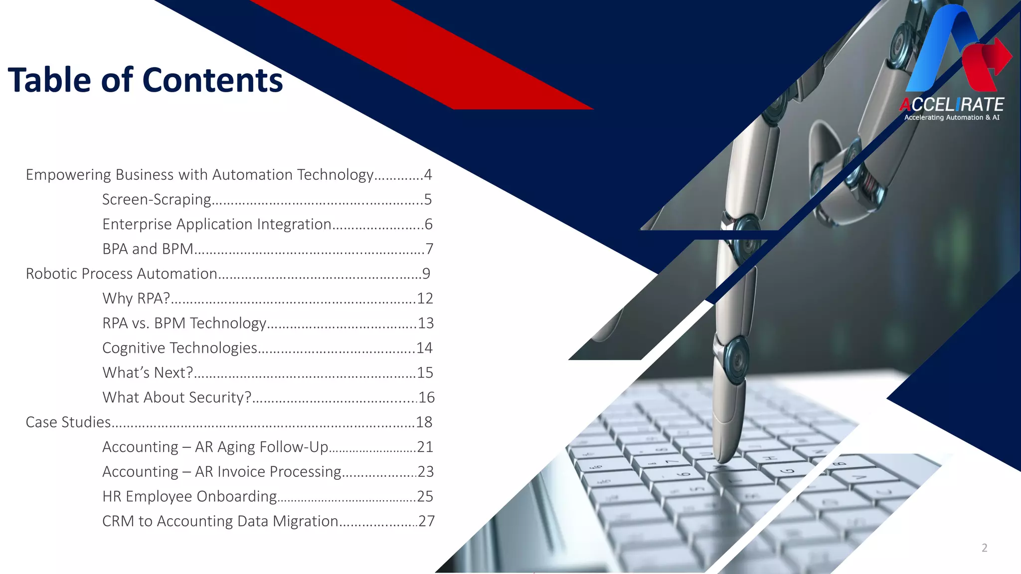 Table of Contents
2
Empowering Business with Automation Technology………….4
Screen-Scraping…………………………………..…………..5
Enterprise Application Integration……………….…..6
BPA and BPM……………………………………..…………….7
Robotic Process Automation………………………………………..……9
Why RPA?……………………………………………………….12
RPA vs. BPM Technology………………………….……..13
Cognitive Technologies…………………………………..14
What’s Next?……………………….…………………………15
What About Security?……………………………….......16
Case Studies…………………………………………………………….………18
Accounting – AR Aging Follow-Up………….………….21
Accounting – AR Invoice Processing………………..23
HR Employee Onboarding………………..………….……..25
CRM to Accounting Data Migration………….……..27
 