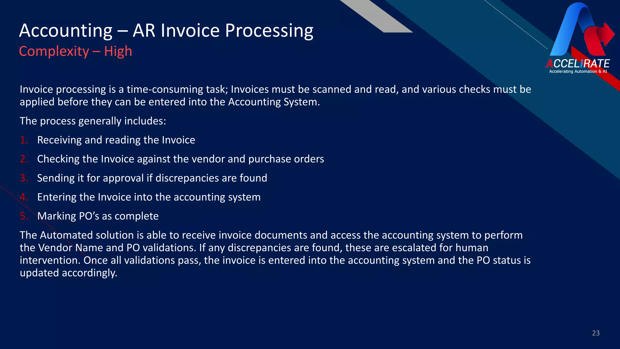 FR
Invoice processing is a time-consuming task; Invoices must be scanned and read, and various checks must be
applied before they can be entered into the Accounting System.
The process generally includes:
1. Receiving and reading the Invoice
2. Checking the Invoice against the vendor and purchase orders
3. Sending it for approval if discrepancies are found
4. Entering the Invoice into the accounting system
5. Marking PO’s as complete
The Automated solution is able to receive invoice documents and access the accounting system to perform
the Vendor Name and PO validations. If any discrepancies are found, these are escalated for human
intervention. Once all validations pass, the invoice is entered into the accounting system and the PO status is
updated accordingly.
23
Accounting – AR Invoice Processing
Complexity – High
 