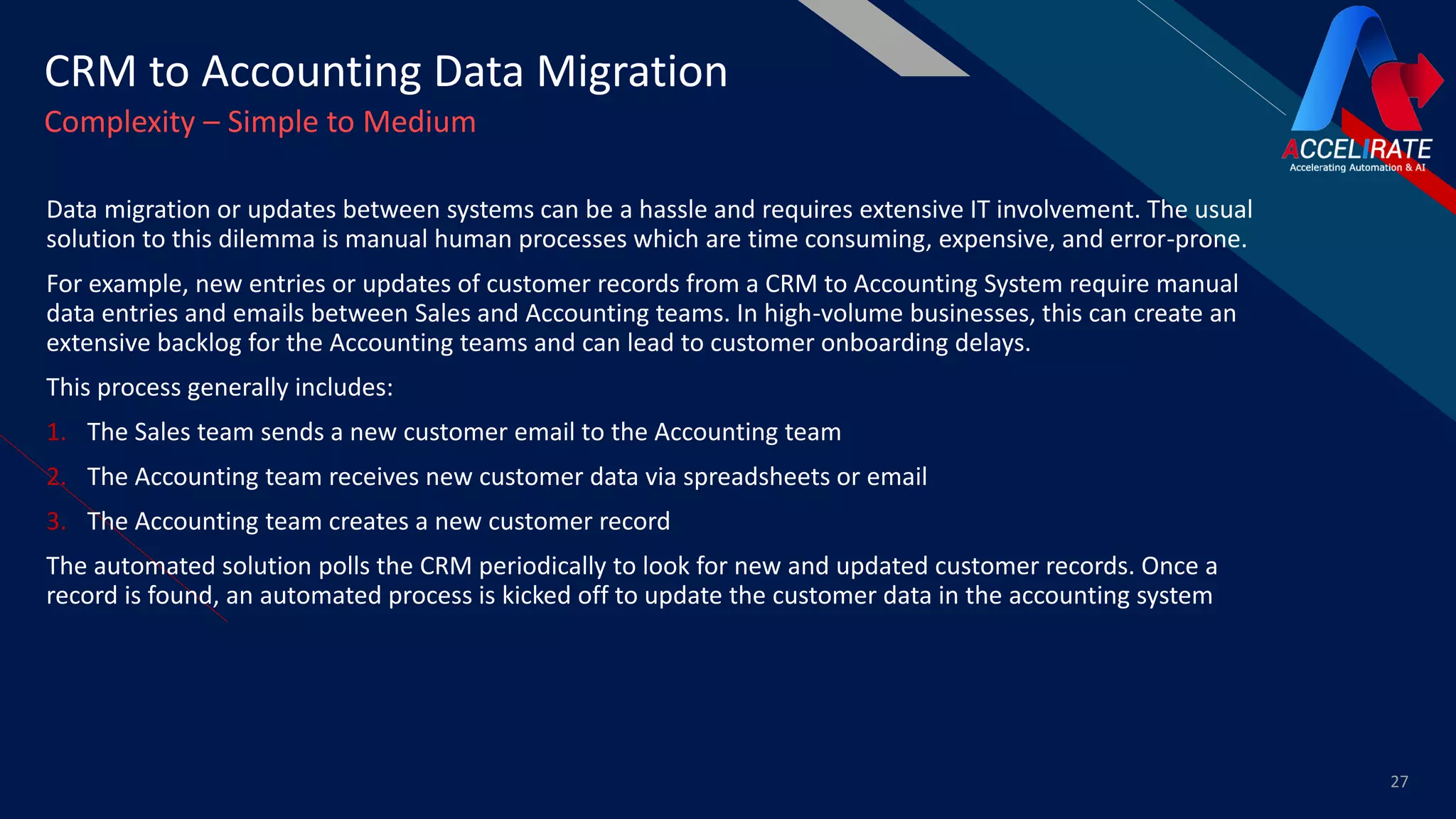 FR
Data migration or updates between systems can be a hassle and requires extensive IT involvement. The usual
solution to this dilemma is manual human processes which are time consuming, expensive, and error-prone.
For example, new entries or updates of customer records from a CRM to Accounting System require manual
data entries and emails between Sales and Accounting teams. In high-volume businesses, this can create an
extensive backlog for the Accounting teams and can lead to customer onboarding delays.
This process generally includes:
1. The Sales team sends a new customer email to the Accounting team
2. The Accounting team receives new customer data via spreadsheets or email
3. The Accounting team creates a new customer record
The automated solution polls the CRM periodically to look for new and updated customer records. Once a
record is found, an automated process is kicked off to update the customer data in the accounting system
27
CRM to Accounting Data Migration
Complexity – Simple to Medium
 