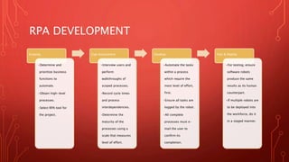 RPA DEVELOPMENT
Scoping
•Determine and
prioritize business
functions to
automate.
•Obtain high-level
processes.
•Select RPA tool for
the project.
Gap Assessment
•Interview users and
perform
walkthroughs of
scoped processes.
•Record cycle times
and process
interdependencies.
•Determine the
maturity of the
processes using a
scale that measures
level of effort.
Develop
•Automate the tasks
within a process
which require the
most level of effort,
first.
•Ensure all tasks are
logged by the robot.
•All complete
processes must e-
mail the user to
confirm its
completion.
Test & Deploy
•For testing, ensure
software robots
produce the same
results as its human
counterpart.
•If multiple robots are
to be deployed into
the workforce, do it
in a staged manner.
 