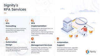 Automation
Support
Constant assessment, upgrades,
and updates of software robots
to ensure smooth operations.
RPA
Consulting
Assisting businesses in process
assessment and opportunity
discovery for RPA.
Automation
Design
Mapping of manual processes &
creating workflows for automation
design & development
RPA
Implementation
Deploying the developed bots on
processes, testing their
performance, improvising them to
meet required needs and scaling
automation.
RPA
Management Services
Providing high availability, 24/7
monitoring, and increased
uptime to ensure seamless
process flow.
 