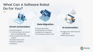 ❖ Interpreting text
❖ Understanding unstructured
data and applying logic
❖ Data analysis with actionable
insights
❖ Assisted data search
❖ Speech recognition
❖ Chatbots
Smart Automation
Data Migration
❖ Copy pasting data
❖ Moving files and folders
❖ Application Integration
❖ Connecting to system APIs
UI Automation
❖ Logging into web/enterprise
applications
❖ Web data Scraping
 