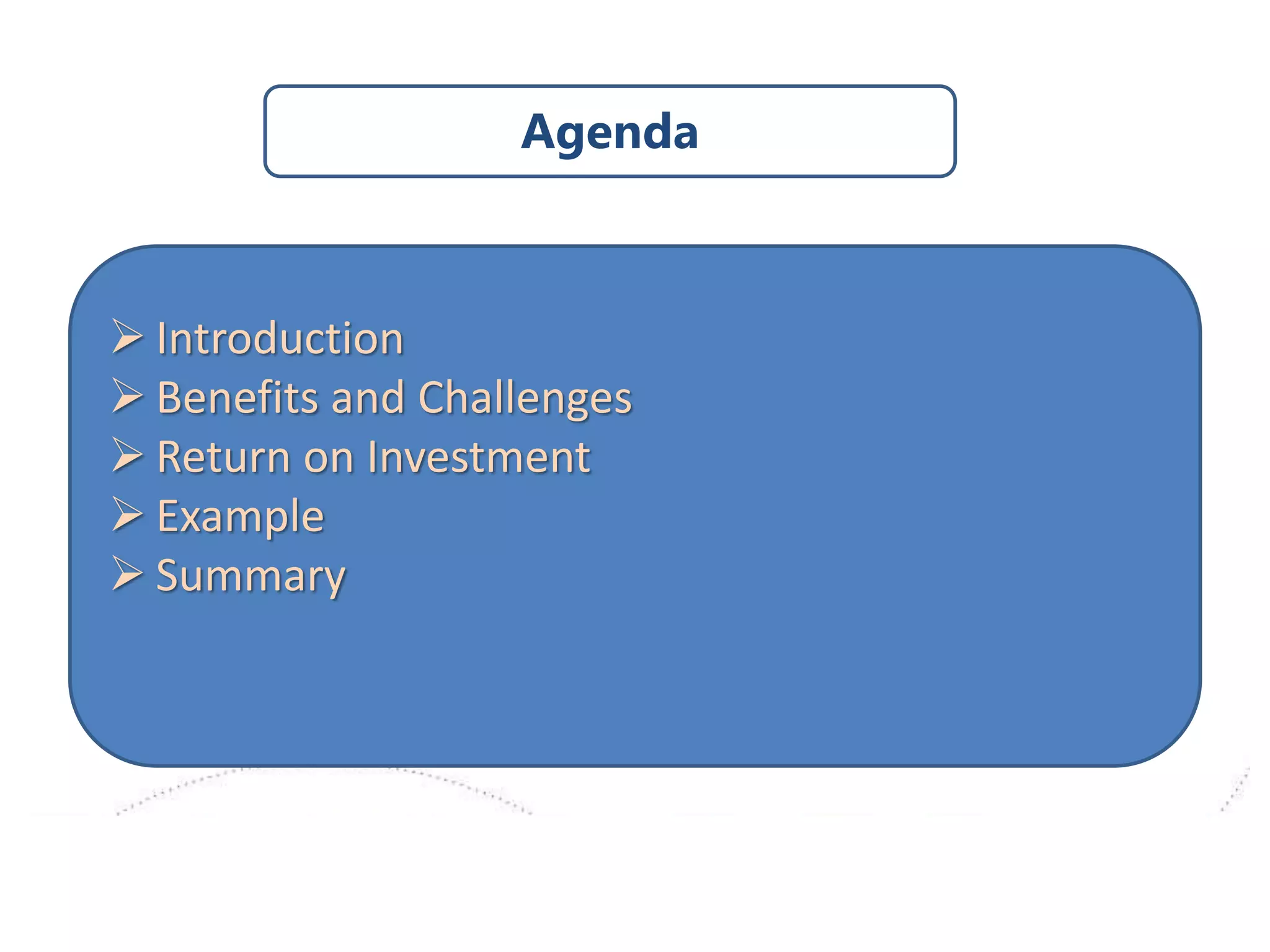  Introduction
 Benefits and Challenges
 Return on Investment
 Example
 Summary
Agenda
 