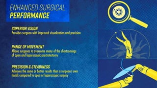 enhanced surgical
performance
superiorvision
Provides surgeon with improved visualization and precision
range of movement
Allows surgeons to overcome many of the shortcomings
of open and laparoscopic prostatectomy
precision & steadiness
Achieves the same or better results than a surgeon’s own
hands compared to open or laparoscopic surgery
 