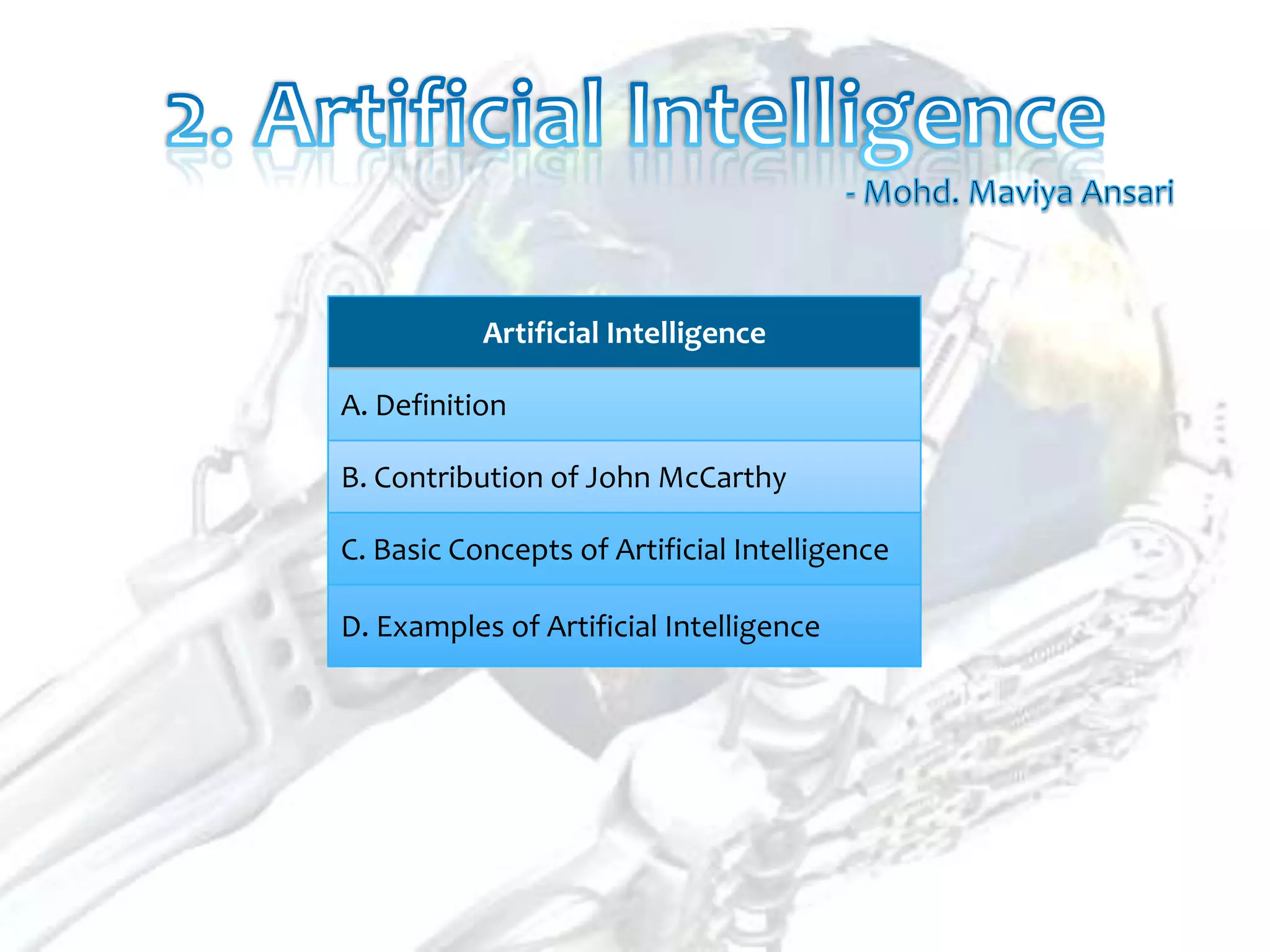 Artificial Intelligence

A. Definition

B. Contribution of John McCarthy

C. Basic Concepts of Artificial Intelligence

D. Examples of Artificial Intelligence
 
