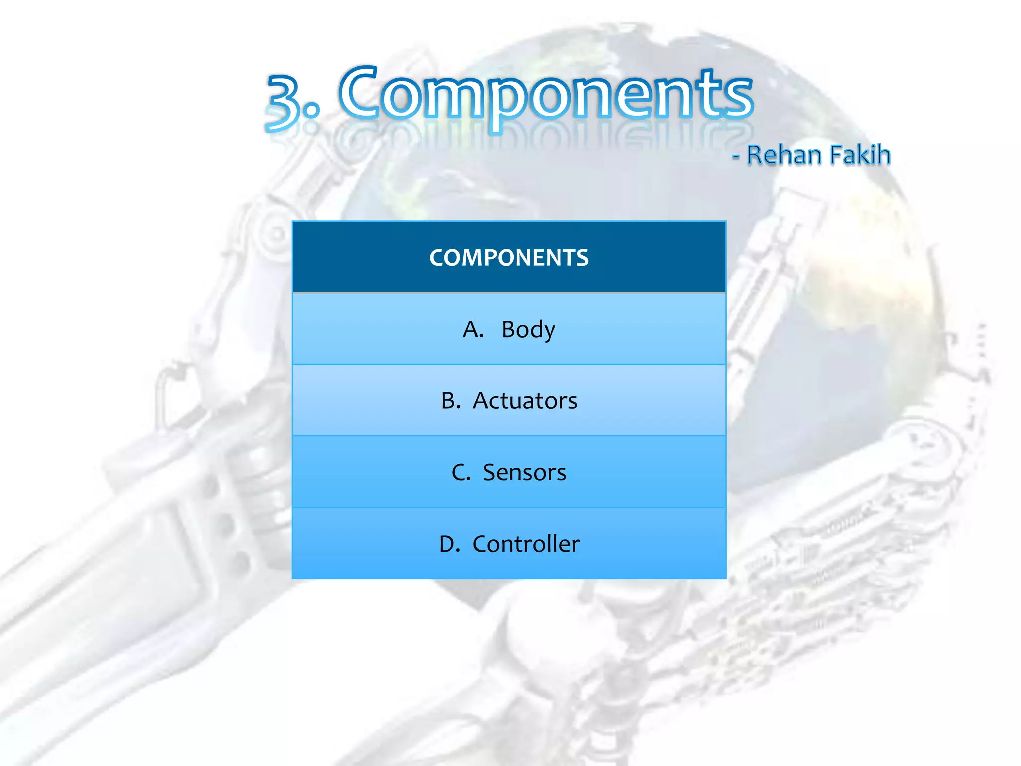 COMPONENTS

  A. Body

B. Actuators

 C. Sensors

D. Controller
 