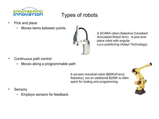 Types of robots
•

Pick and place
– Moves items between points
A SCARA robot (Selective Compliant
Articulated Robot Arm): A pick-andplace robot with angular
x-y-z positioning (Adept Technology)

•

Continuous path control
– Moves along a programmable path
A six-axis industrial robot ($60K)(Fanuc
Robotics), but an additional $200K is often
spent for tooling and programming.

•

Sensory
– Employs sensors for feedback

 