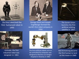 Da Vinci sketched the
first humanoid robot in
1495

Unimate, the first
industrial robot was
designed in 1961

George Devol and Joseph
Engelberger formed the
world’s first robot company in
1956

The first artificial robotic arm to
be controlled by computer was
designed at Rancho Los Amigos
Hospital in Downey in 1963

The Soviet Union
launches the first
artificial orbiting
satellite in 1957

Neil Armstrong became
the first human to land
on the moon in 1969

 