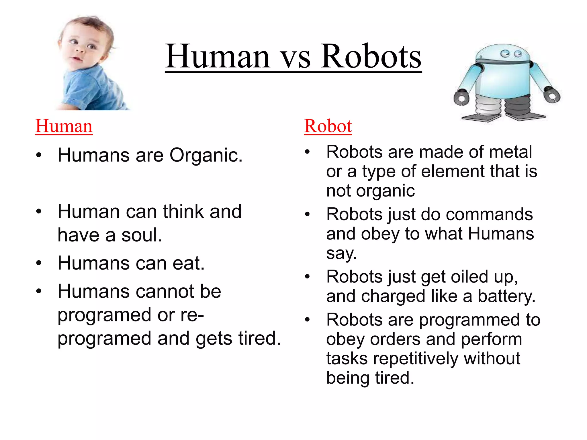 Human vs Robots
Human
• Humans are Organic.
• Human can think and
have a soul.
• Humans can eat.
• Humans cannot be
programed or re-
programed and gets tired.
Robot
• Robots are made of metal
or a type of element that is
not organic
• Robots just do commands
and obey to what Humans
say.
• Robots just get oiled up,
and charged like a battery.
• Robots are programmed to
obey orders and perform
tasks repetitively without
being tired.
 
