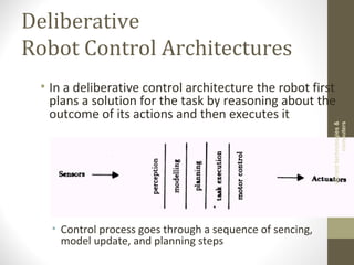 Deliberative
Robot Control Architectures
• In a deliberative control architecture the robot first
plans a solution for the task by reasoning about the
outcome of its actions and then executes it
• Control process goes through a sequence of sencing,
model update, and planning steps
vibranttechnologies&
computers
 