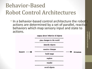 Behavior-Based
Robot Control Architectures
• In a behavior-based control architecture the robot’s
actions are determined by a set of parallel, reactive
behaviors which map sensory input and state to
actions.
vibranttechnologies&
computers
 