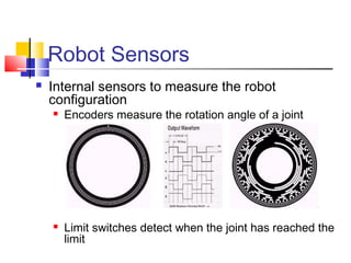 Robot Sensors
 Internal sensors to measure the robot
configuration
 Encoders measure the rotation angle of a joint
 Limit switches detect when the joint has reached the
limit
 