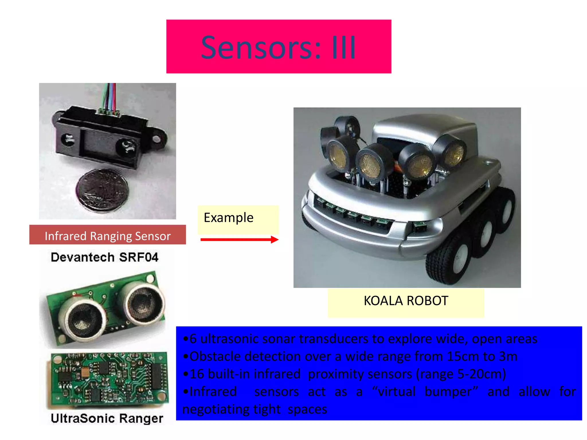 Infrared Ranging Sensor
KOALA ROBOT
•6 ultrasonic sonar transducers to explore wide, open areas
•Obstacle detection over a wide range from 15cm to 3m
•16 built-in infrared proximity sensors (range 5-20cm)
•Infrared sensors act as a “virtual bumper” and allow for
negotiating tight spaces
Sensors: III
Example
 