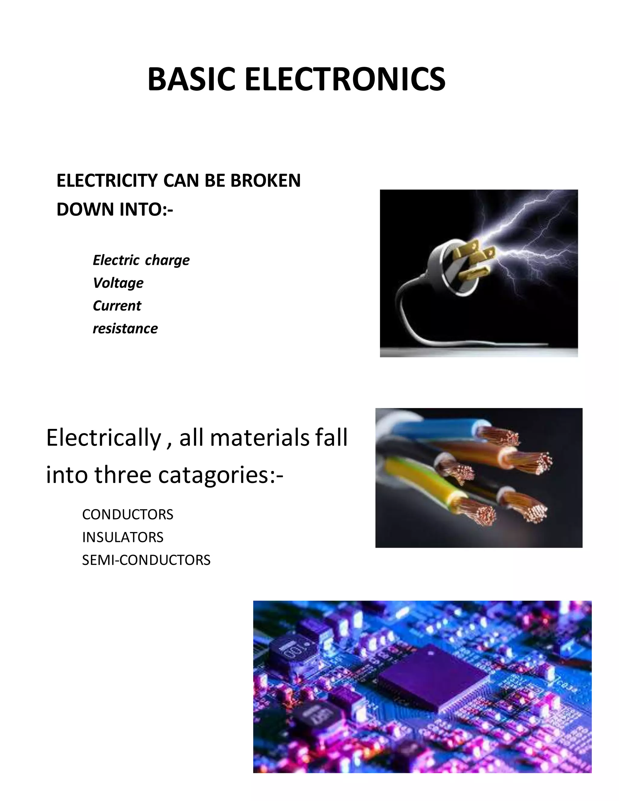 BASIC ELECTRONICS
ELECTRICITY CAN BE BROKEN
DOWN INTO:-
Electric charge
Voltage
Current
resistance
Electrically , all materials fall
into three catagories:-
CONDUCTORS
INSULATORS
SEMI-CONDUCTORS
 
